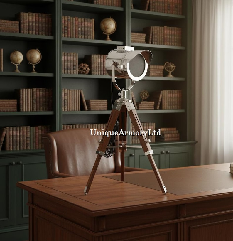 Chrome Spotlight on Wooden Tripod view 2