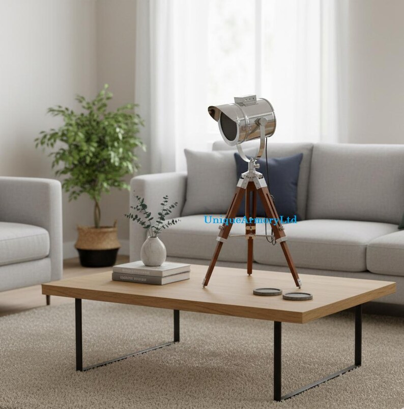 Chrome Spotlight on Wooden Tripod view 3