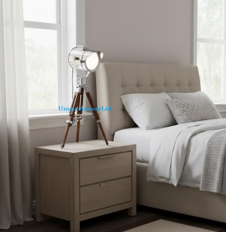 Chrome Spotlight on Wooden Tripod view 4