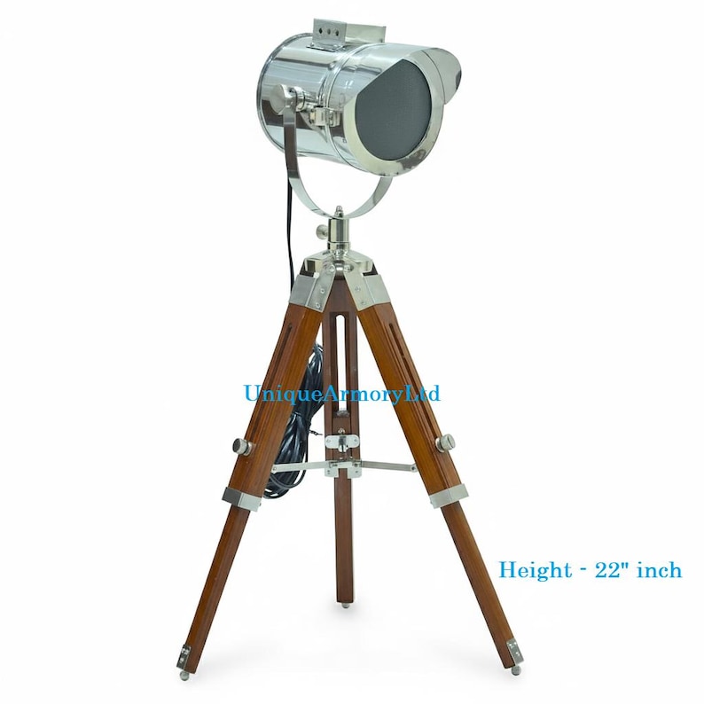 Chrome Spotlight on Wooden Tripod view 7