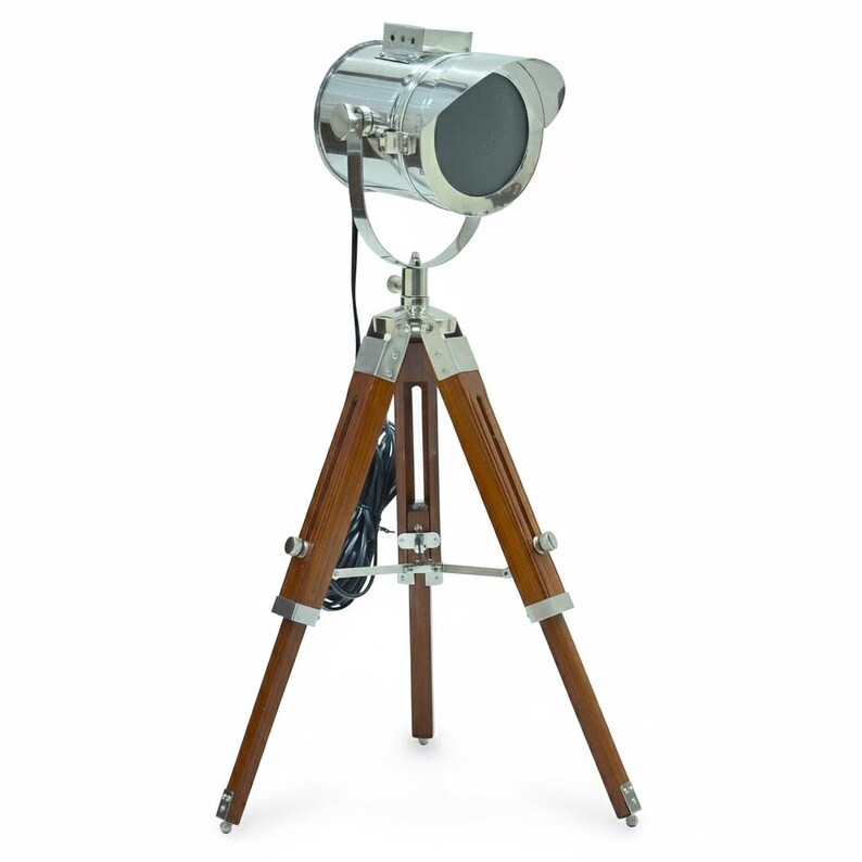 Chrome Spotlight on Wooden Tripod view 11