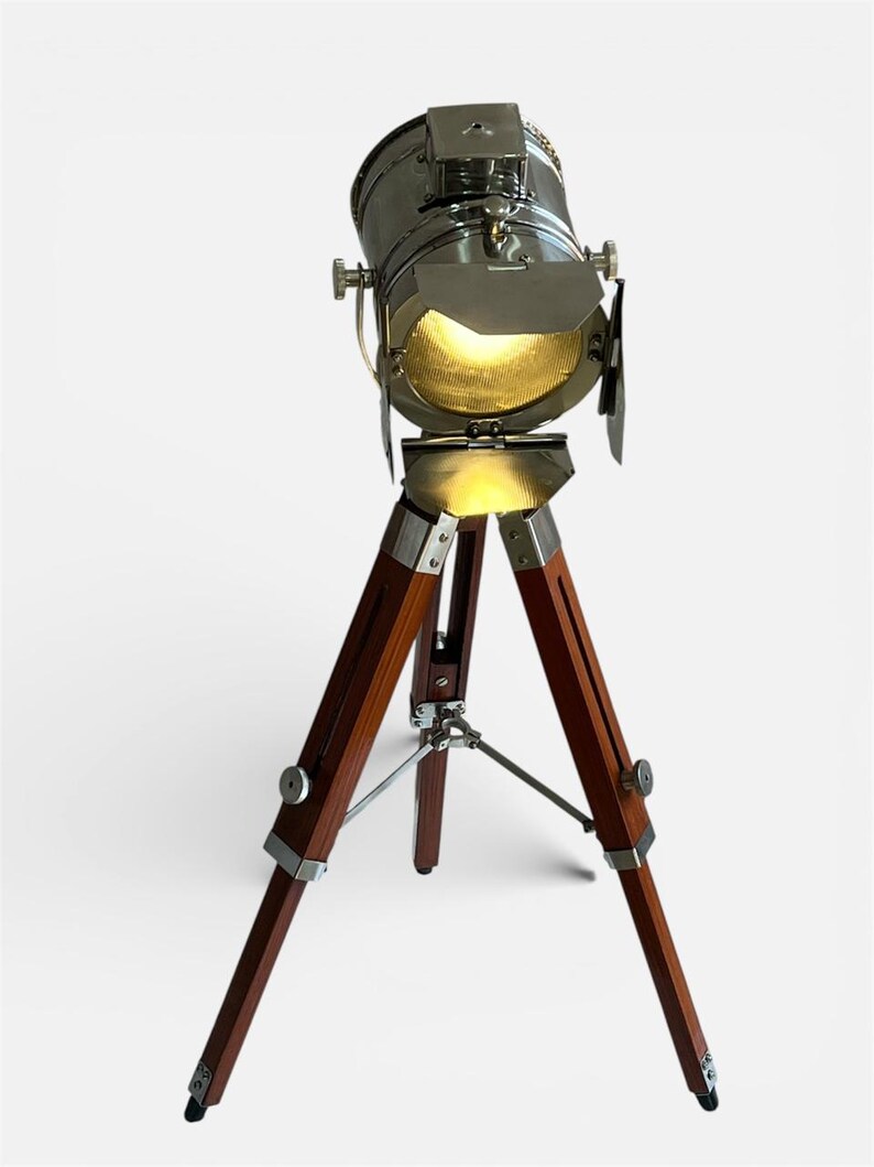 Chrome Spotlight on Wooden Tripod view 3