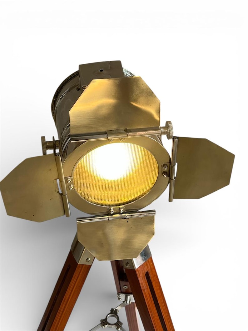 Chrome Spotlight on Wooden Tripod view 4