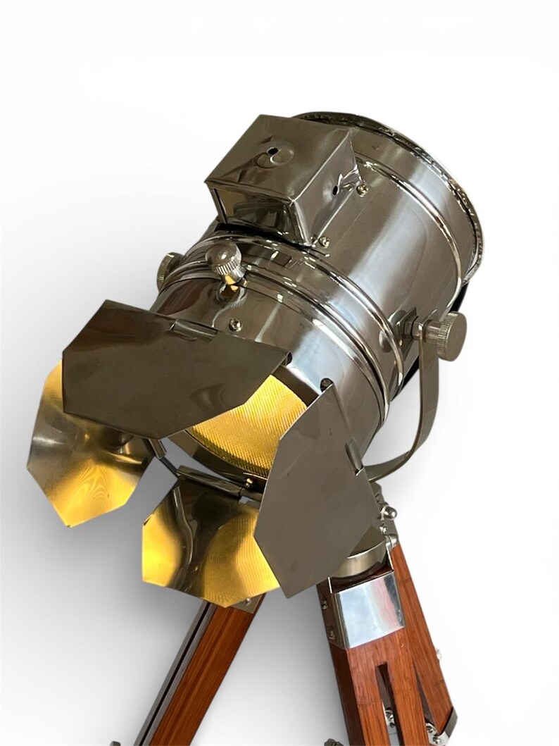 Chrome Spotlight on Wooden Tripod view 7