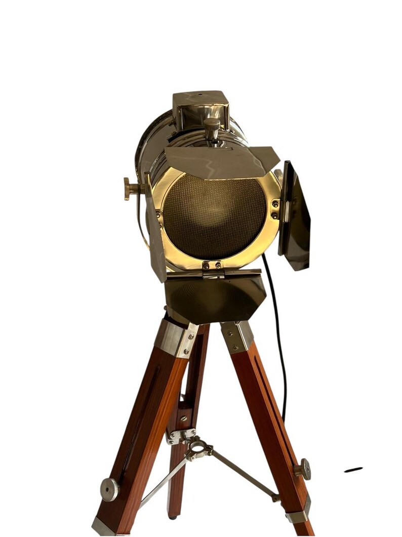 Chrome Spotlight on Wooden Tripod view 9