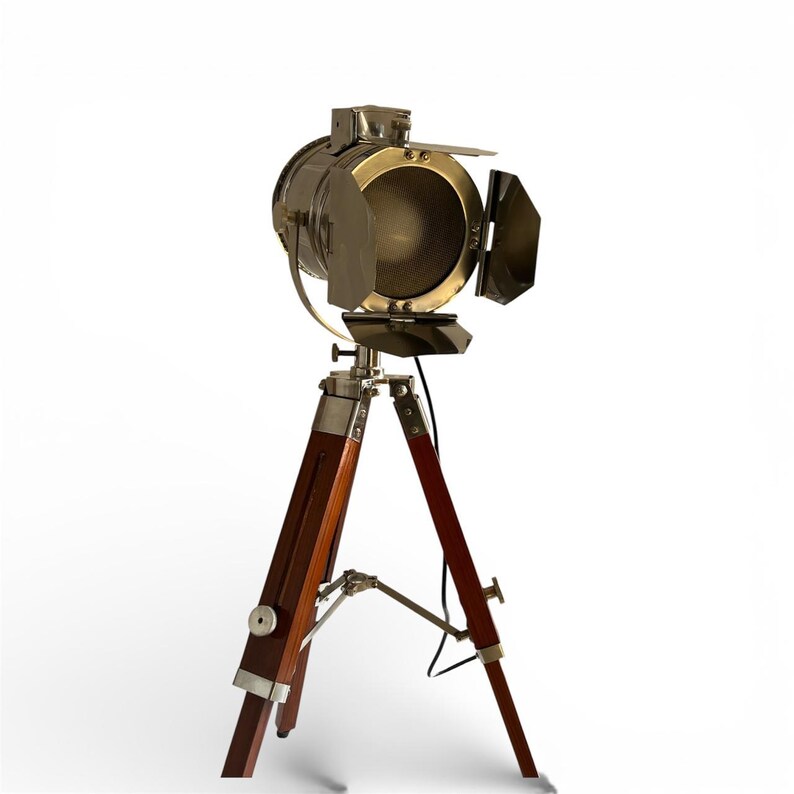 Chrome Spotlight on Wooden Tripod view 10
