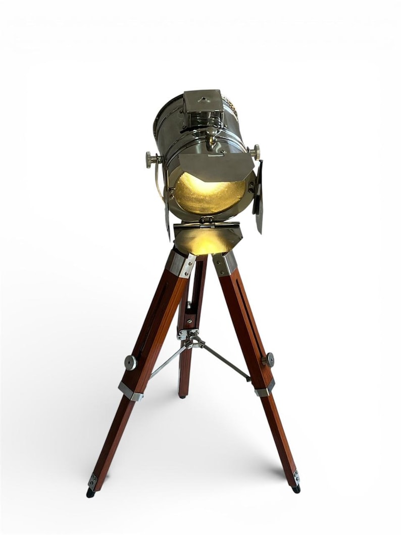 Chrome Spotlight on Wooden Tripod view 12