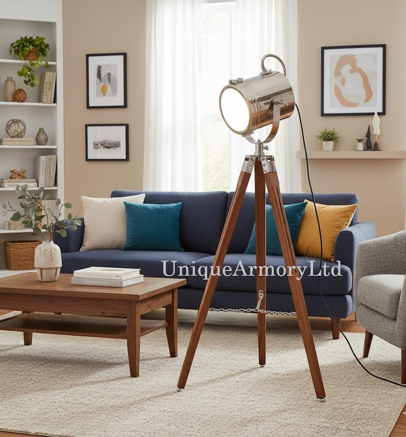 Chrome Spotlight on Wooden Tripod view 2