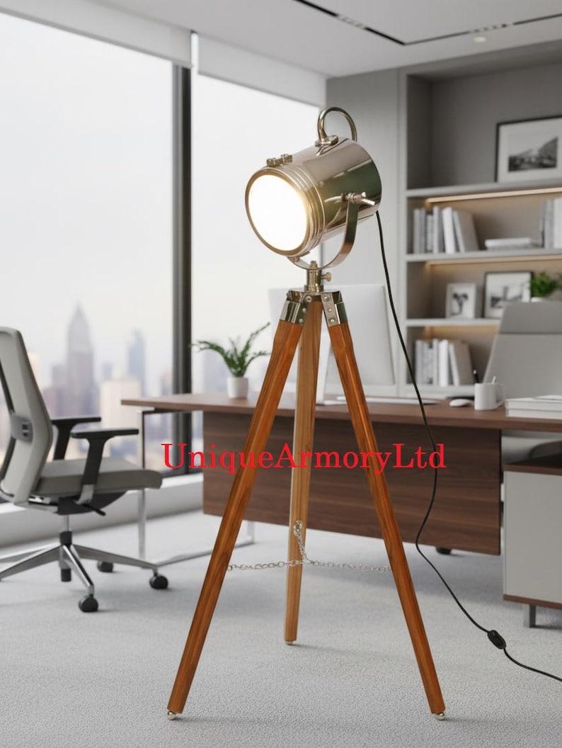 Chrome Spotlight on Wooden Tripod view 3