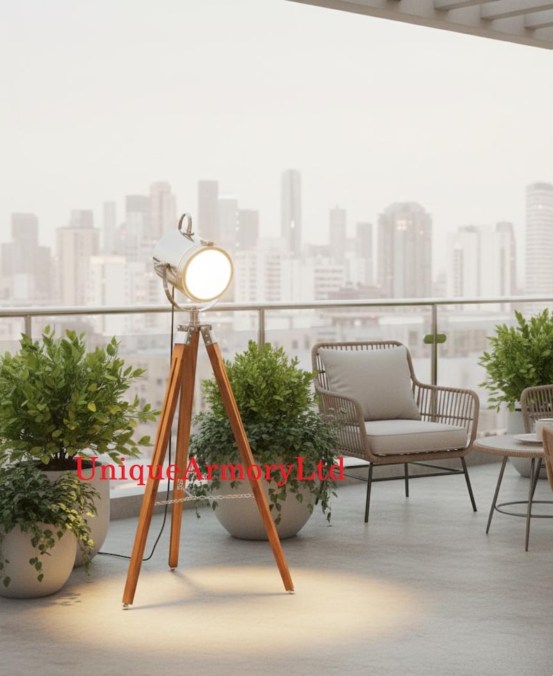 Chrome Spotlight on Wooden Tripod view 5