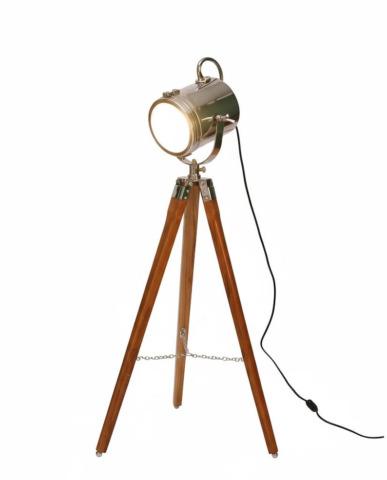 Chrome Spotlight on Wooden Tripod view 11