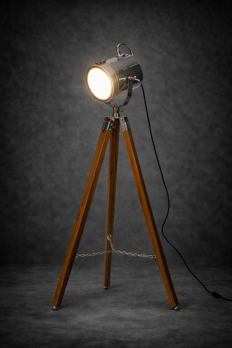 Chrome Spotlight on Wooden Tripod view 12
