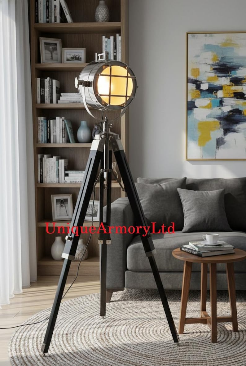 Chrome Spotlight on Black Wooden Tripod view 2