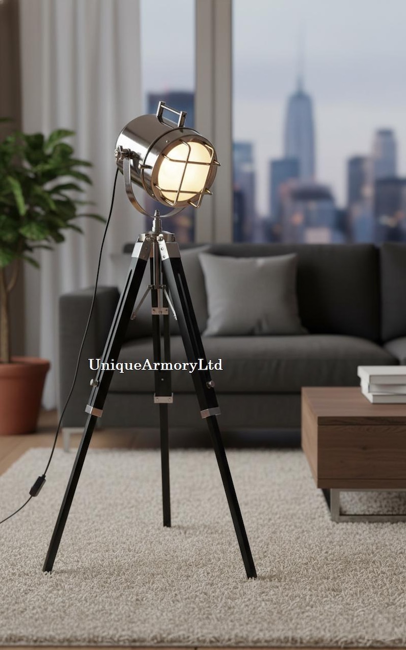 Chrome Spotlight on Black Wooden Tripod view 3