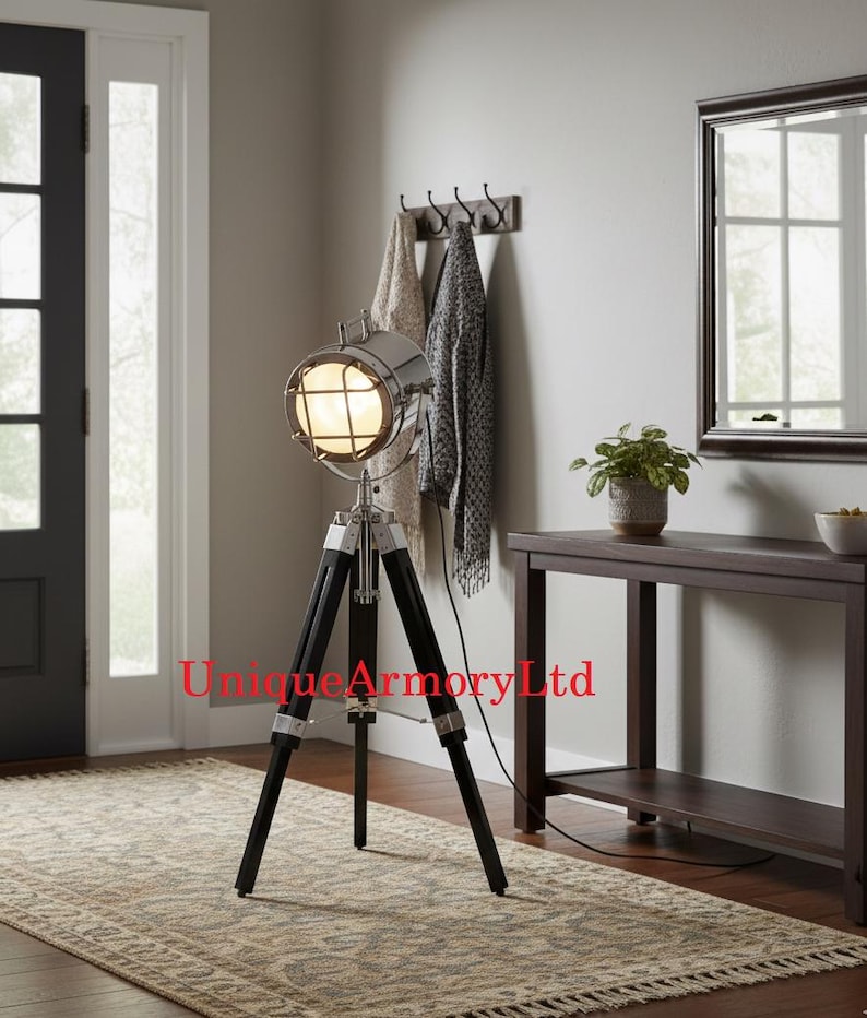 Chrome Spotlight on Black Wooden Tripod view 5