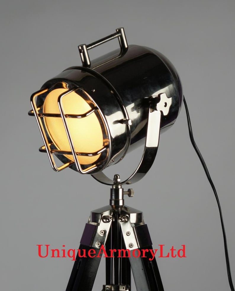 Chrome Spotlight on Black Wooden Tripod view 7