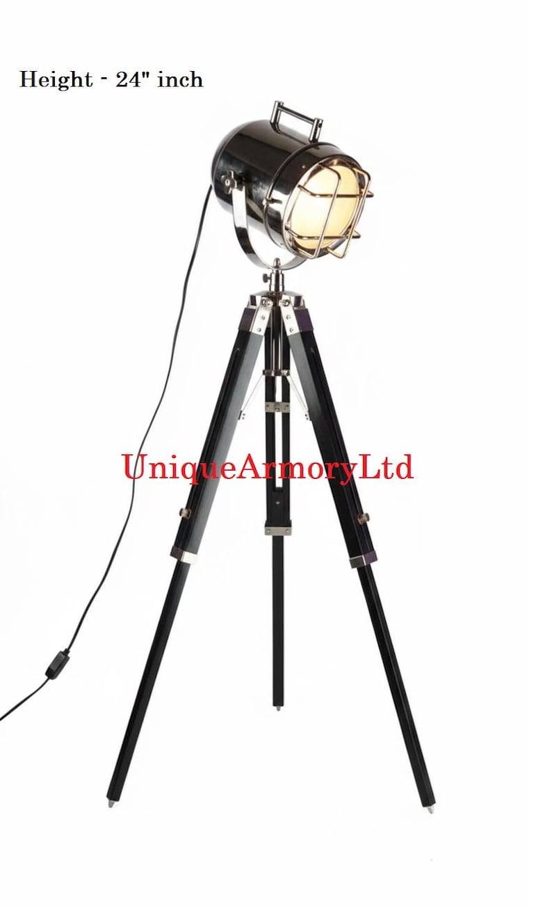 Chrome Spotlight on Black Wooden Tripod view 8
