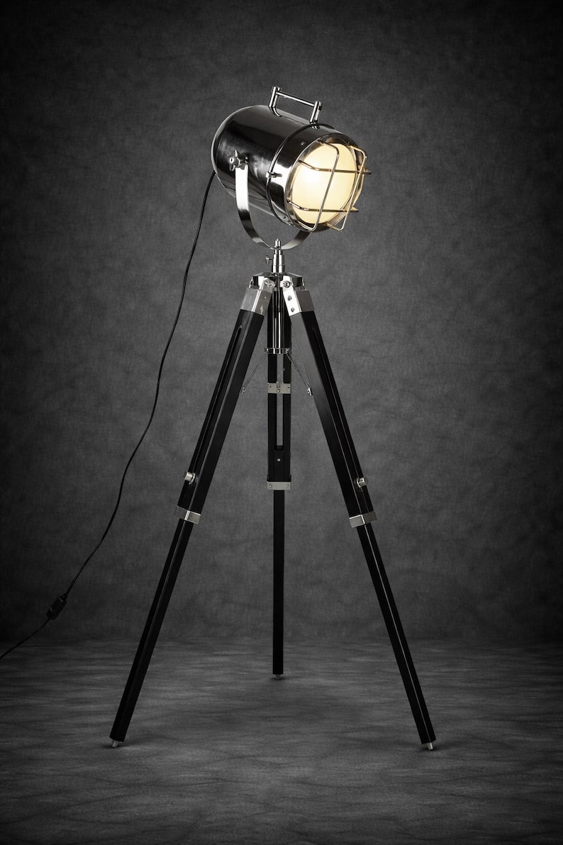 Chrome Spotlight on Black Wooden Tripod view 12