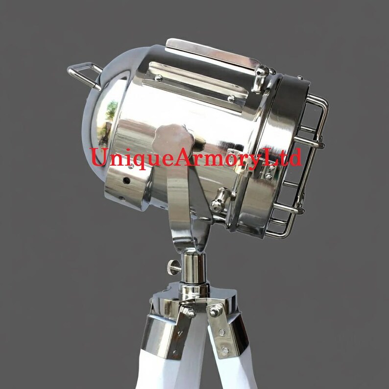 Chrome Spotlight on White Wooden Tripod view 2