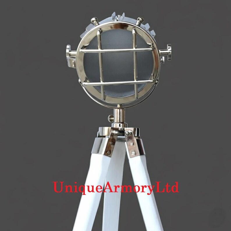 Chrome Spotlight on White Wooden Tripod view 3
