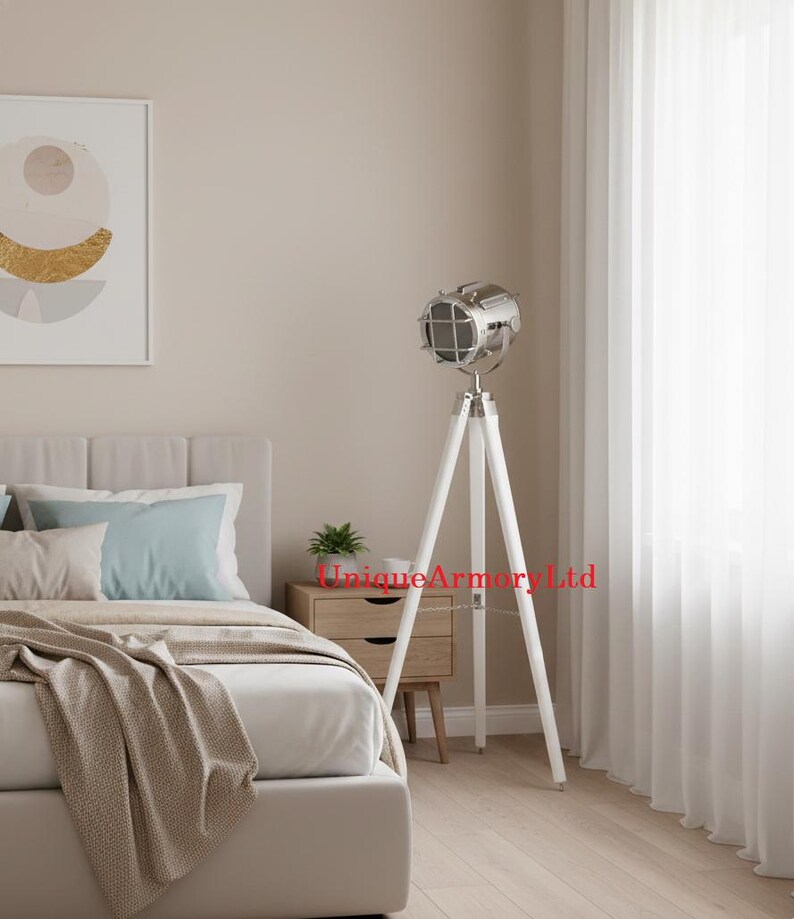 Chrome Spotlight on White Wooden Tripod view 6