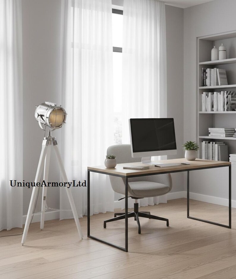 Chrome Spotlight on White Wooden Tripod view 7