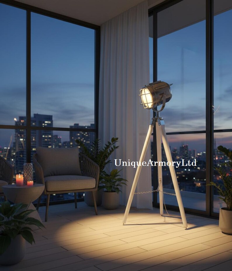 Chrome Spotlight on White Wooden Tripod view 8