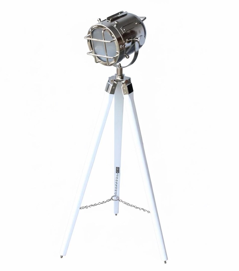 Chrome Spotlight on White Wooden Tripod view 11