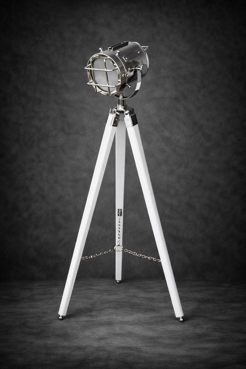 Chrome Spotlight on White Wooden Tripod view 12