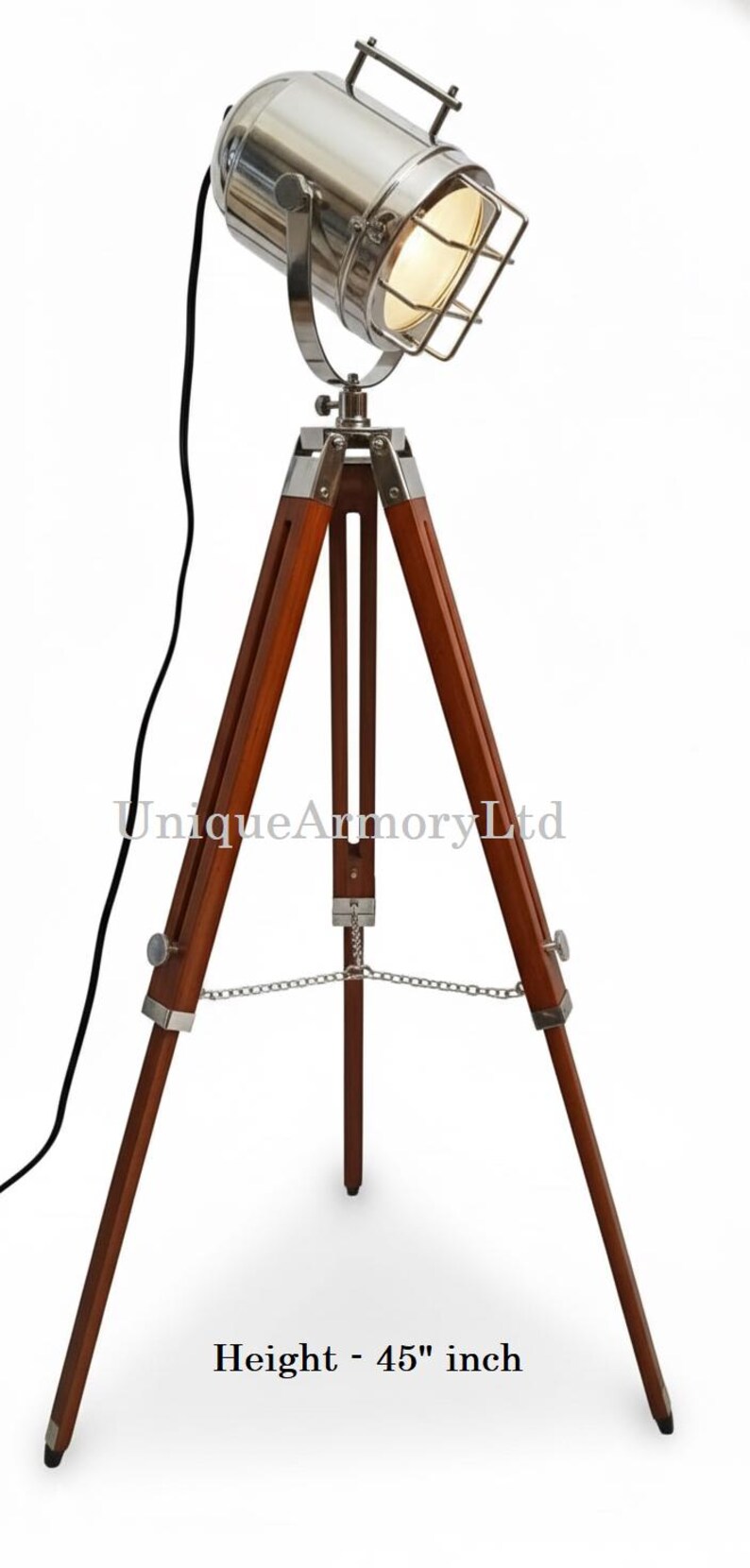 Chrome Spotlight on Wooden Tripod view 6