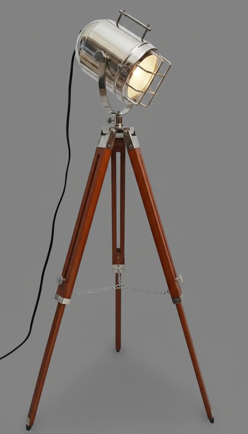 Chrome Spotlight on Wooden Tripod view 7