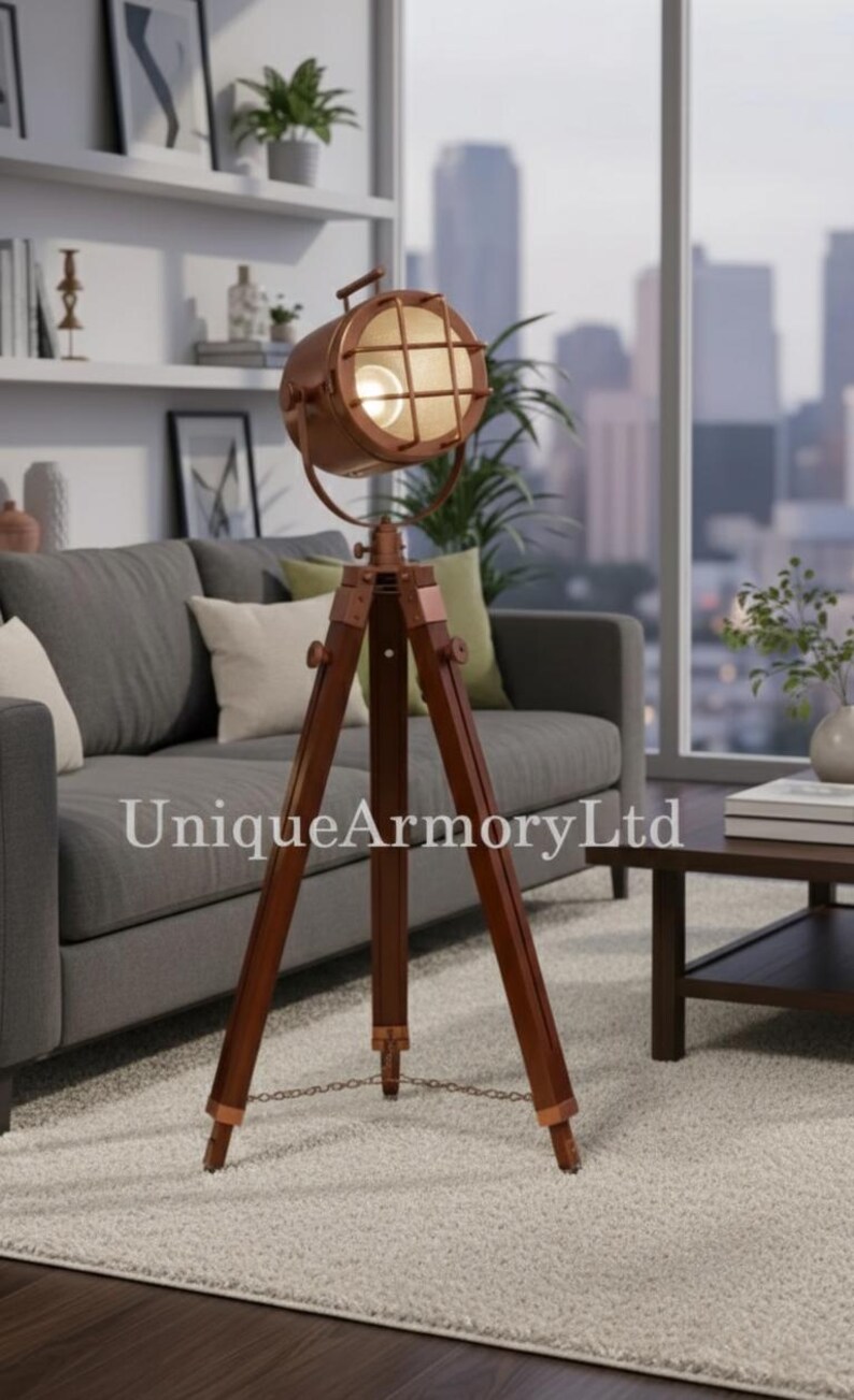 Copper Spotlight on Wooden Tripod view 2