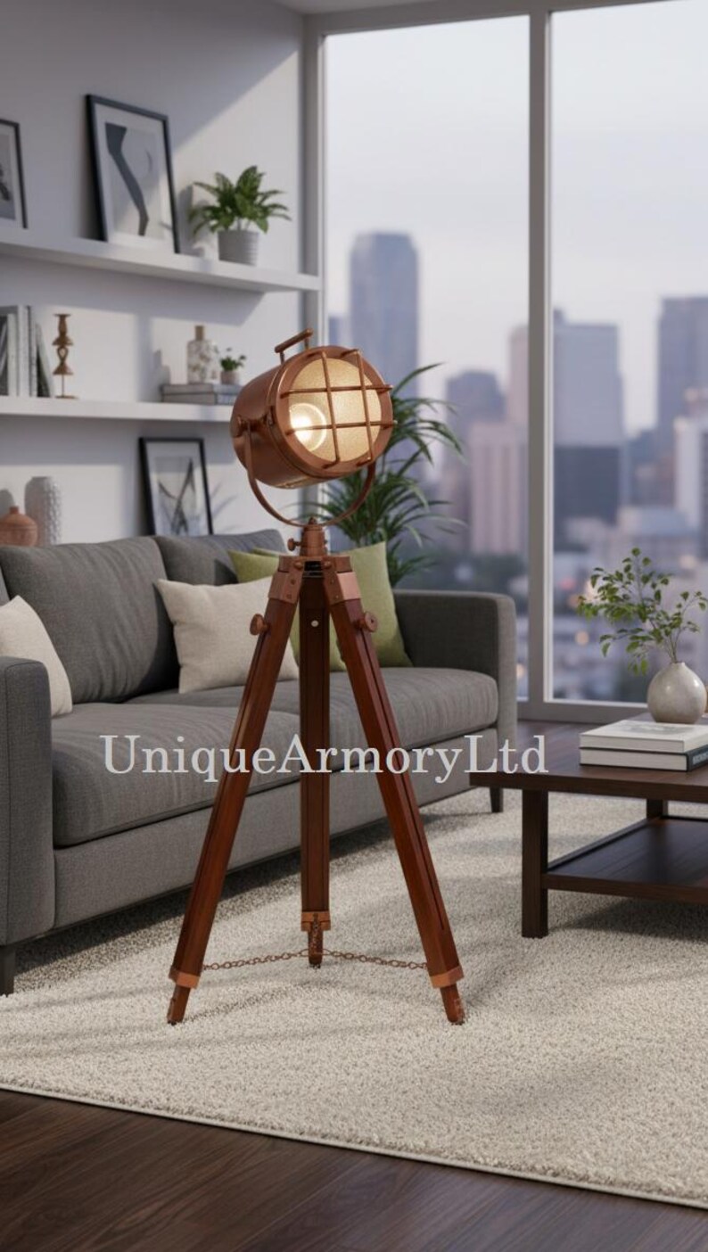 Copper Spotlight on Wooden Tripod view 5