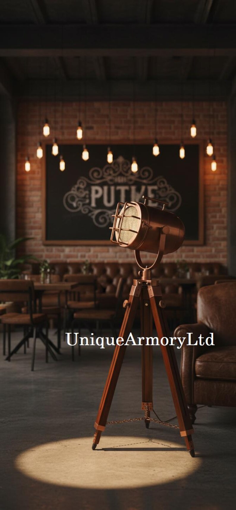 Copper Spotlight on Wooden Tripod view 6