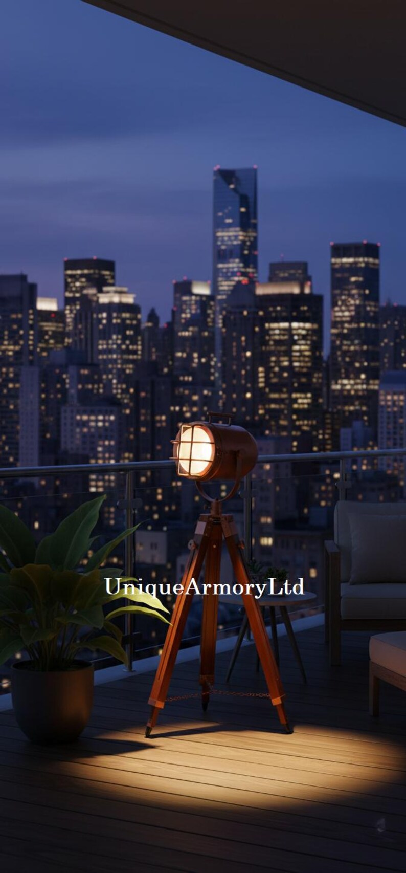 Copper Spotlight on Wooden Tripod view 7