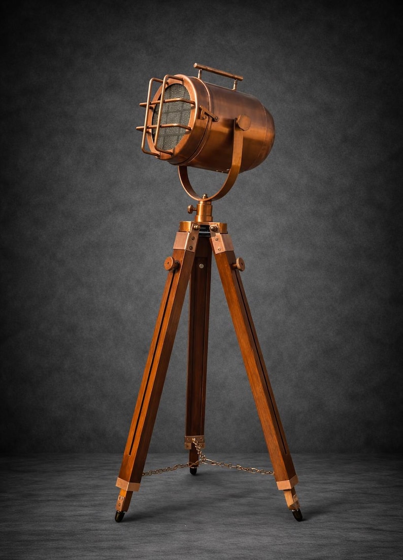 Copper Spotlight on Wooden Tripod view 12