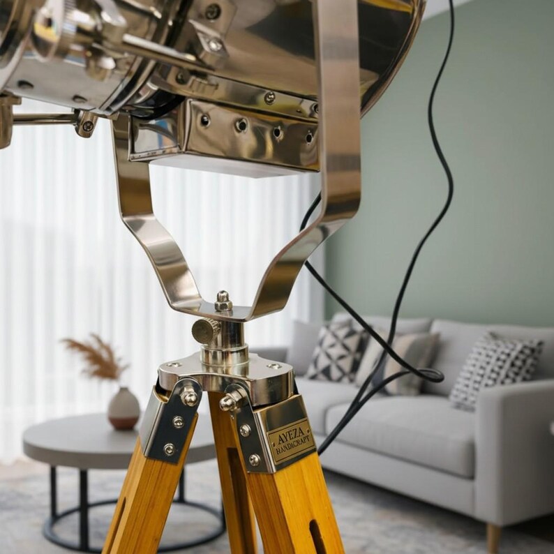 Chrome Spotlight on Wooden Tripod view 2