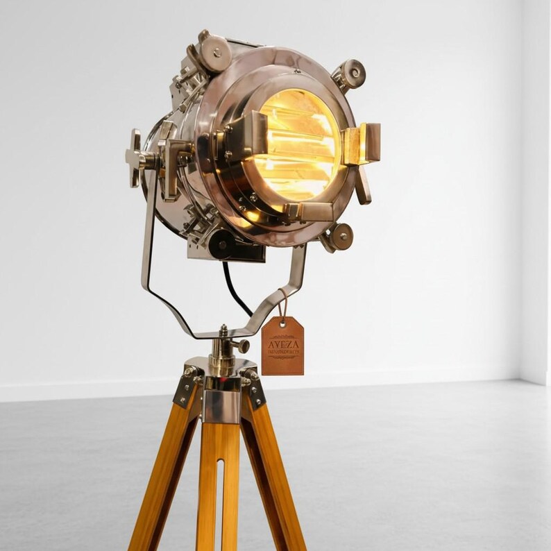 Chrome Spotlight on Wooden Tripod view 3