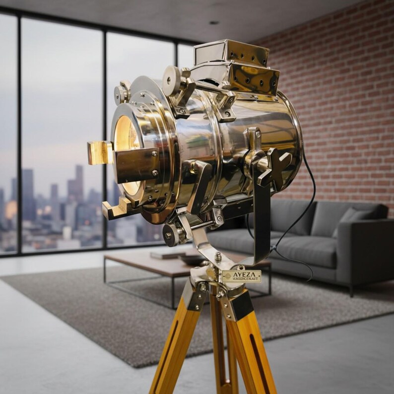 Chrome Spotlight on Wooden Tripod view 5