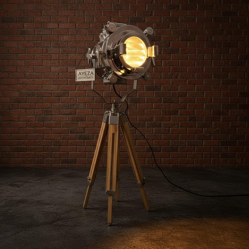 Chrome Spotlight on Wooden Tripod view 7