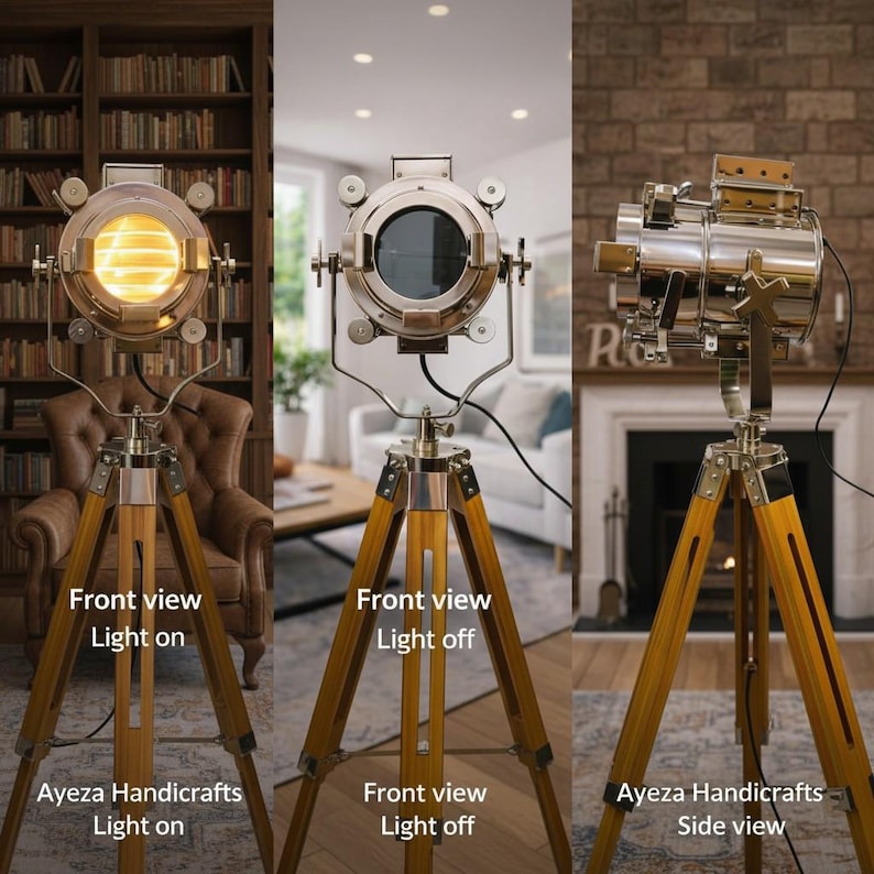 Chrome Spotlight on Wooden Tripod view 8