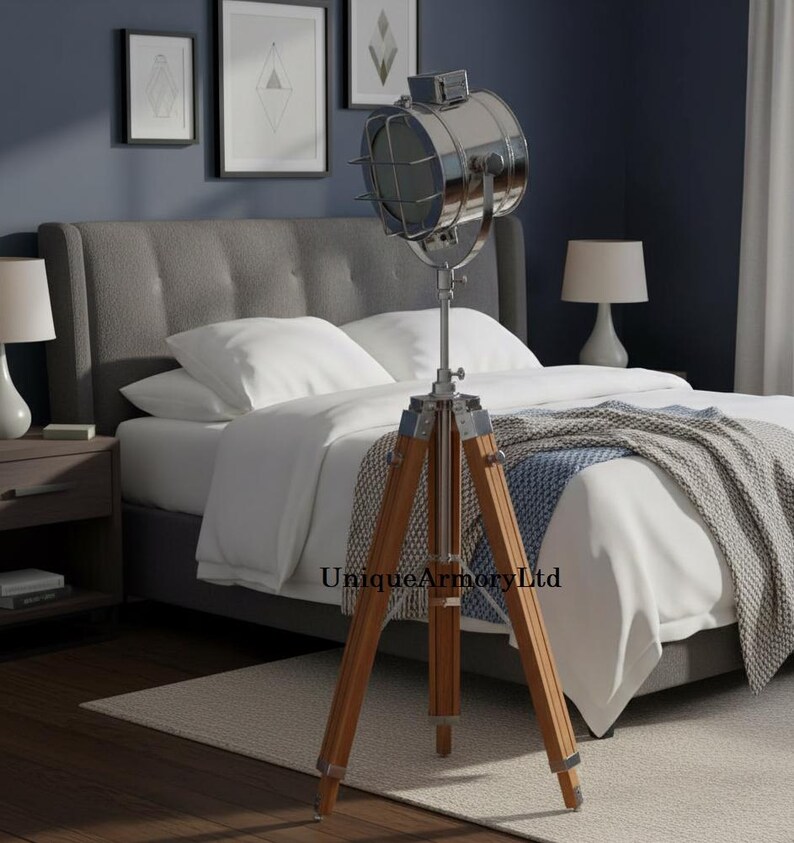 Chrome Spotlight on Wooden Tripod view 3