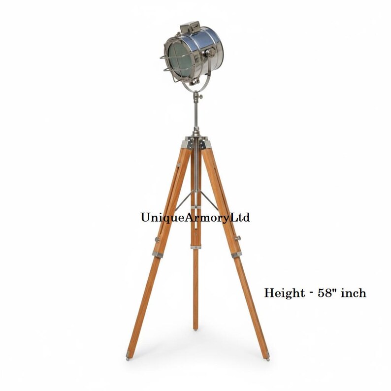 Chrome Spotlight on Wooden Tripod view 6