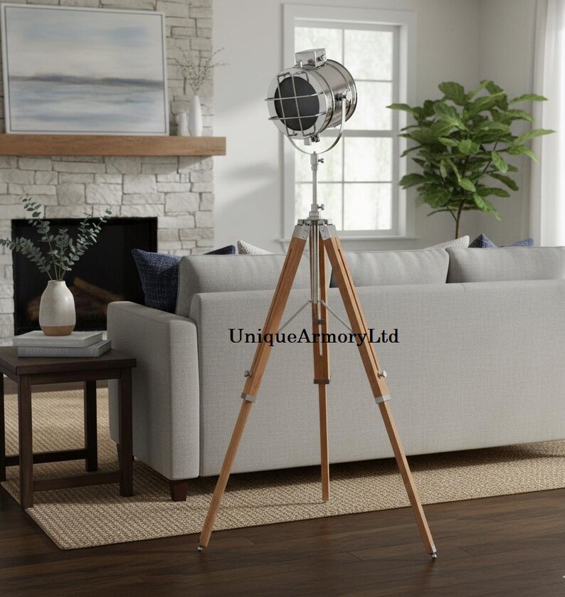 Chrome Spotlight on Wooden Tripod view 7