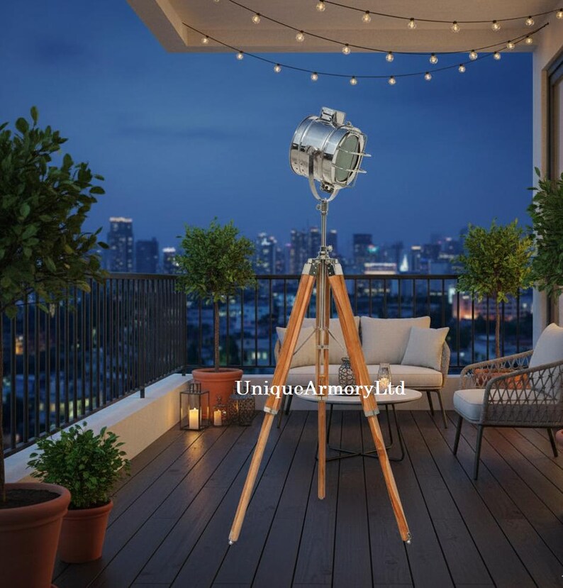 Chrome Spotlight on Wooden Tripod view 10