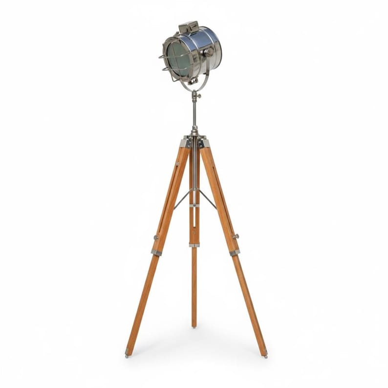 Chrome Spotlight on Wooden Tripod view 11