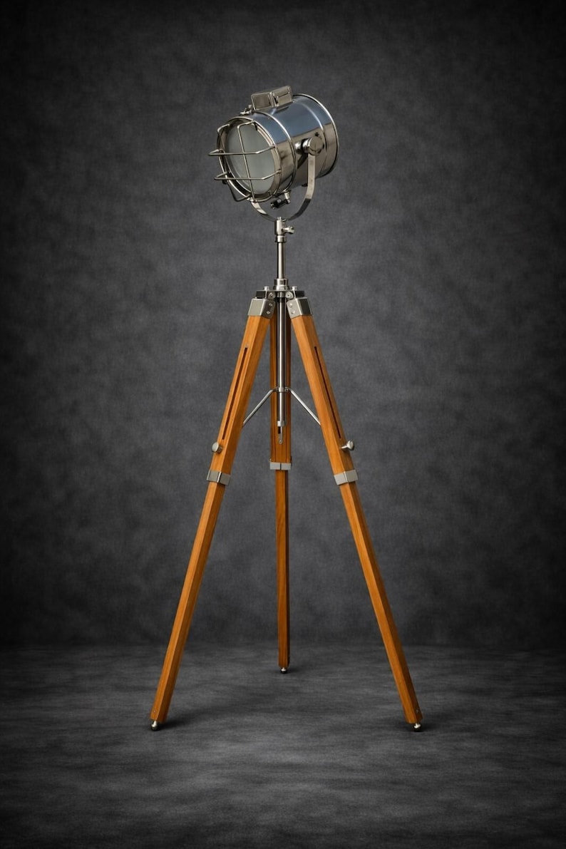 Chrome Spotlight on Wooden Tripod view 12