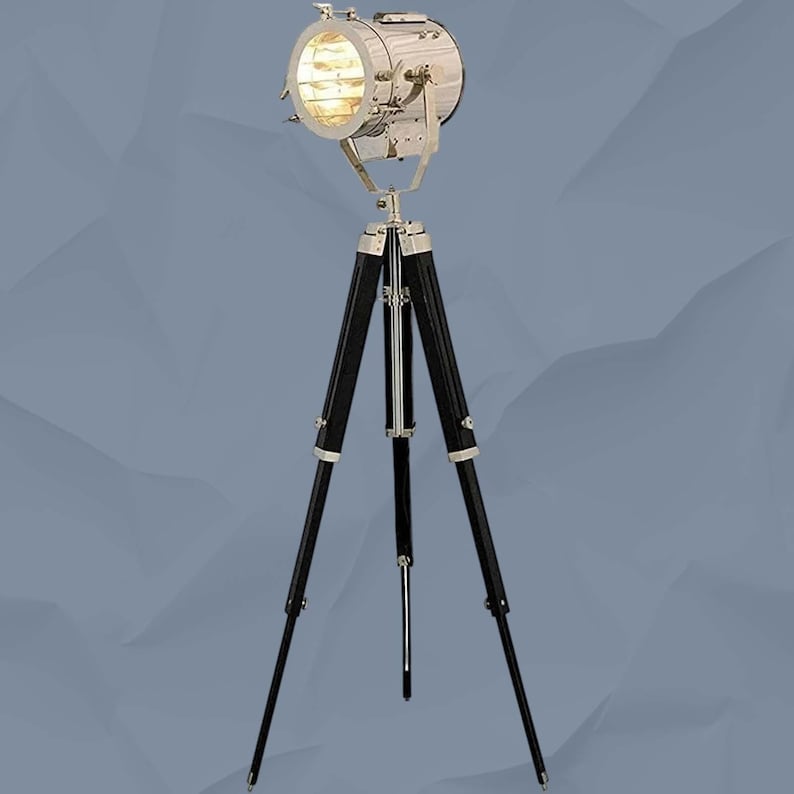 Chrome Spotlight on Black Wooden Tripod view 9