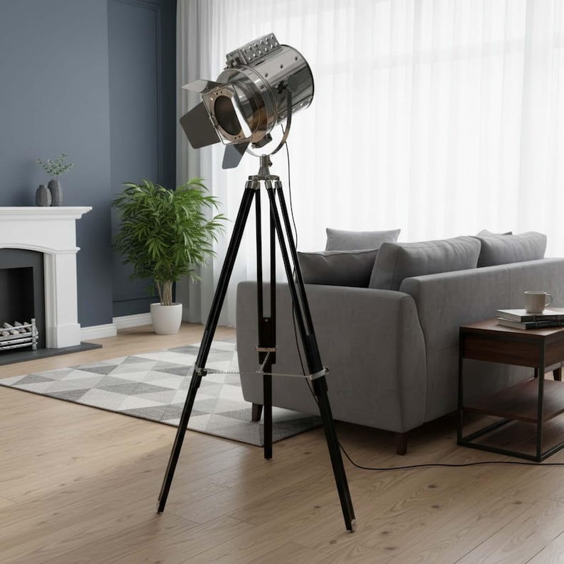 Chrome Spotlight on Black Wooden Tripod view 7