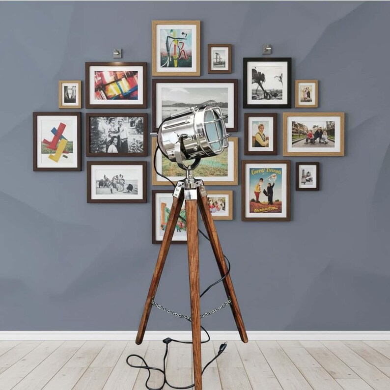 Chrome Spotlight on Wooden Tripod view 3